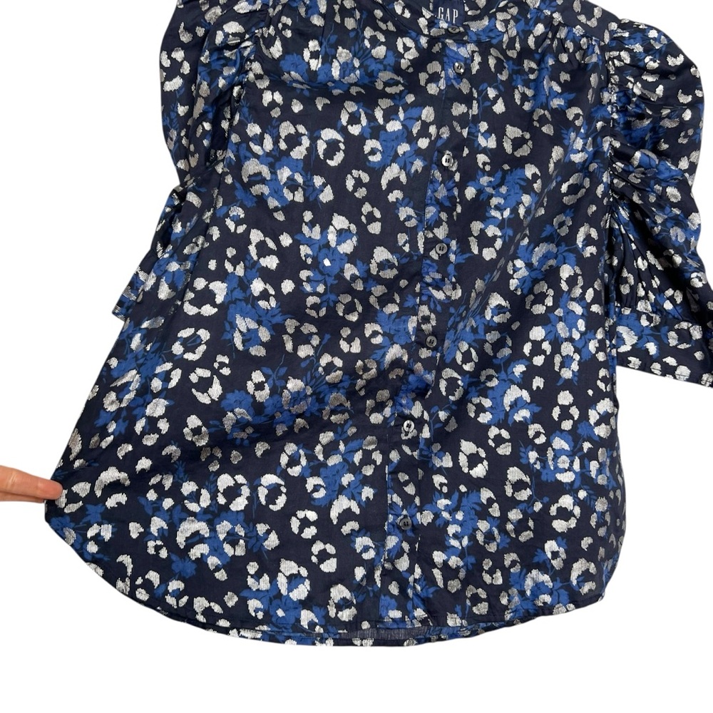 GAP Cotton Puff Sleeve Button Front Blouse Blue & Silver Size Medium - Picture 4 of 12